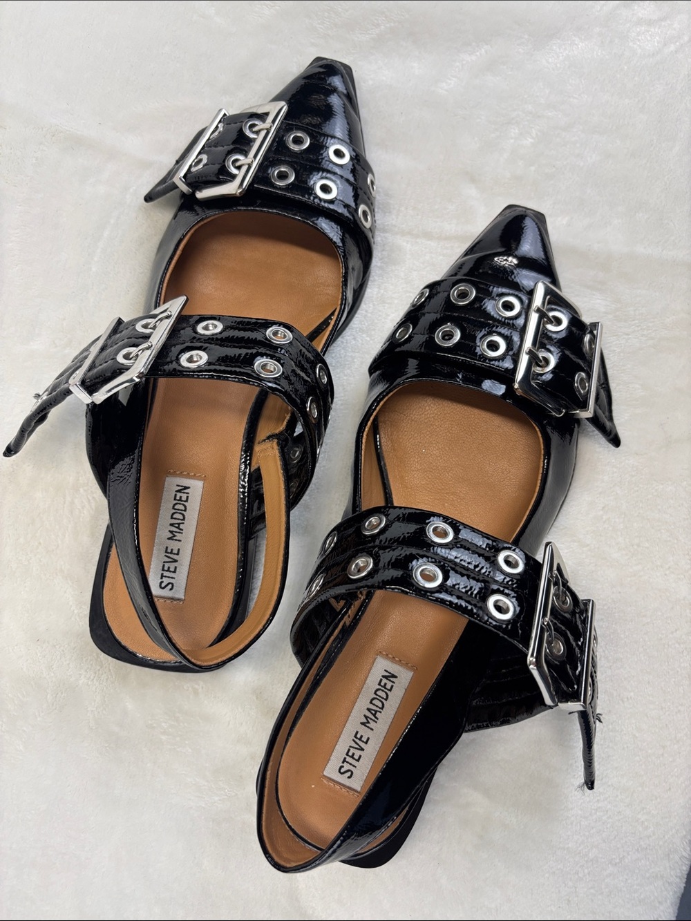 STEVE MADDEN Graya Black Patent Pointed Slingback Flats with Buckles Size 9